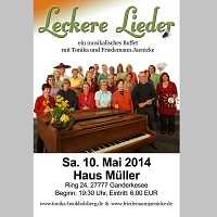 Plakat f&uuml;r LECKERE LIEDER im Haus M&uuml;ller in Ganderkesee am 10. Mai. 2014